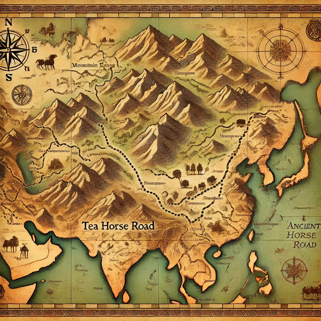 A-hand-drawn-vintage-style-map-illustrating-the-ancient-Tea-Horse-Road