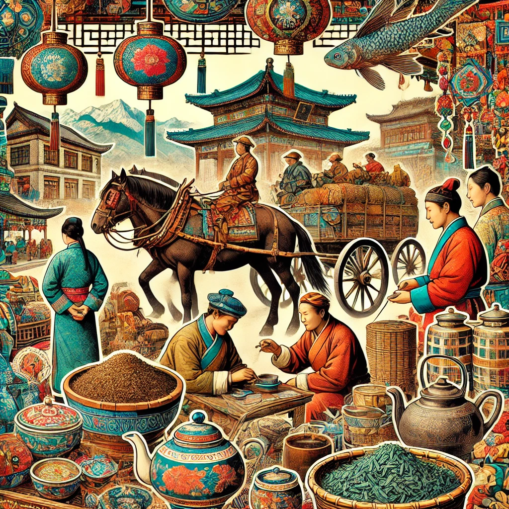 A-vibrant-collage-illustrating-cultural-exchange-along-the-ancient-Tea-Horse-Road.-The-image-features-people-wearing-traditional-Chinese-and-Tibetan