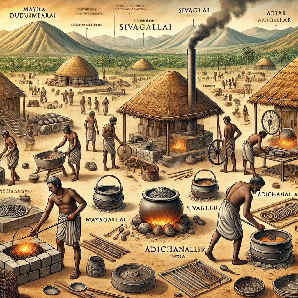 -detailed-digital-illustration-representing-the-ancient-Iron-Age-in-Tamil-Nadu-India.-The-scene-shows-an-archaeological-excavation-site-with-Tamil Nadu