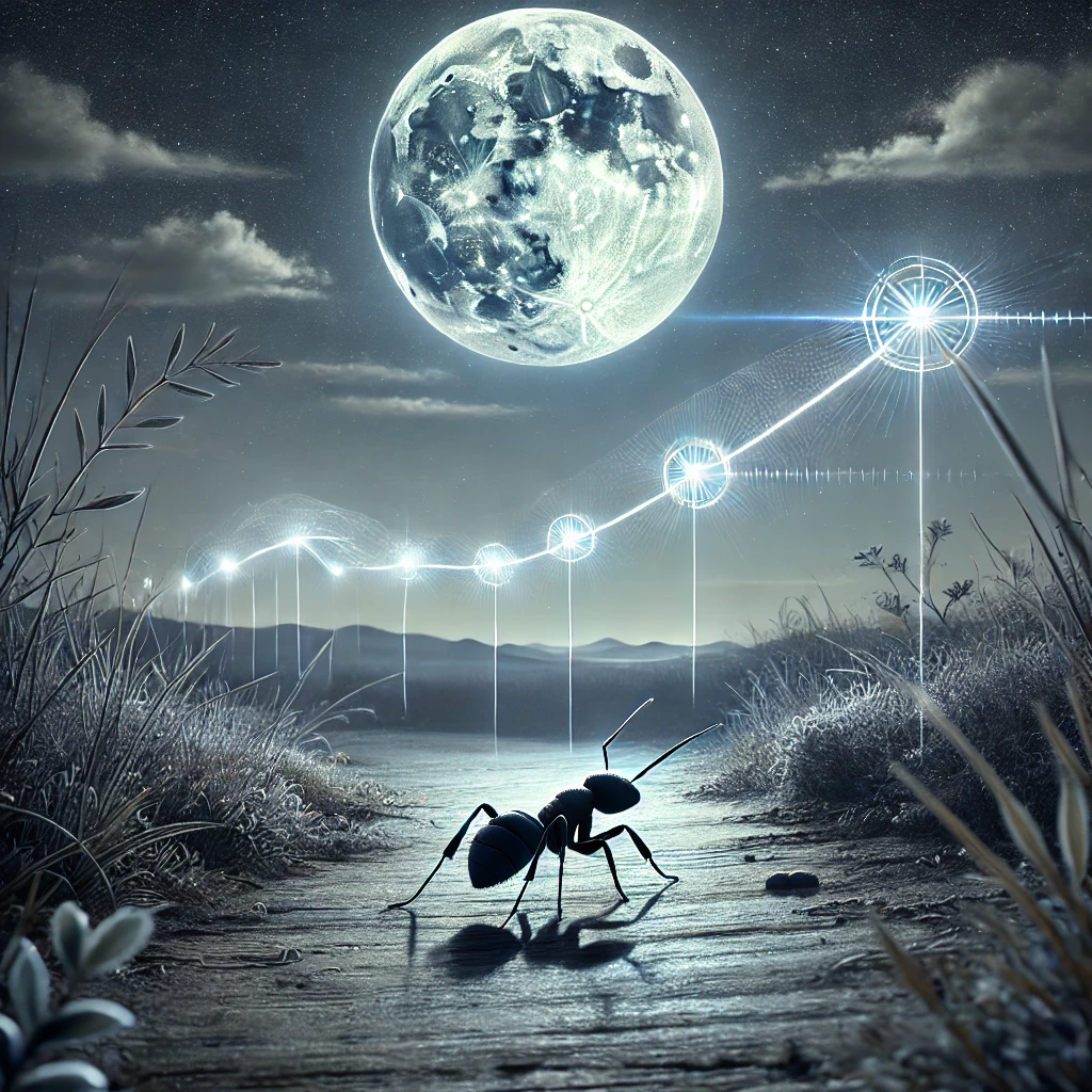 A-detailed-digital-illustration-of-a-nocturnal-bull-ant-walking-on-a-moonlit-path.-The-scene-is-set-at-night-with-a-clear-sky-and-the-moon-is-prominent