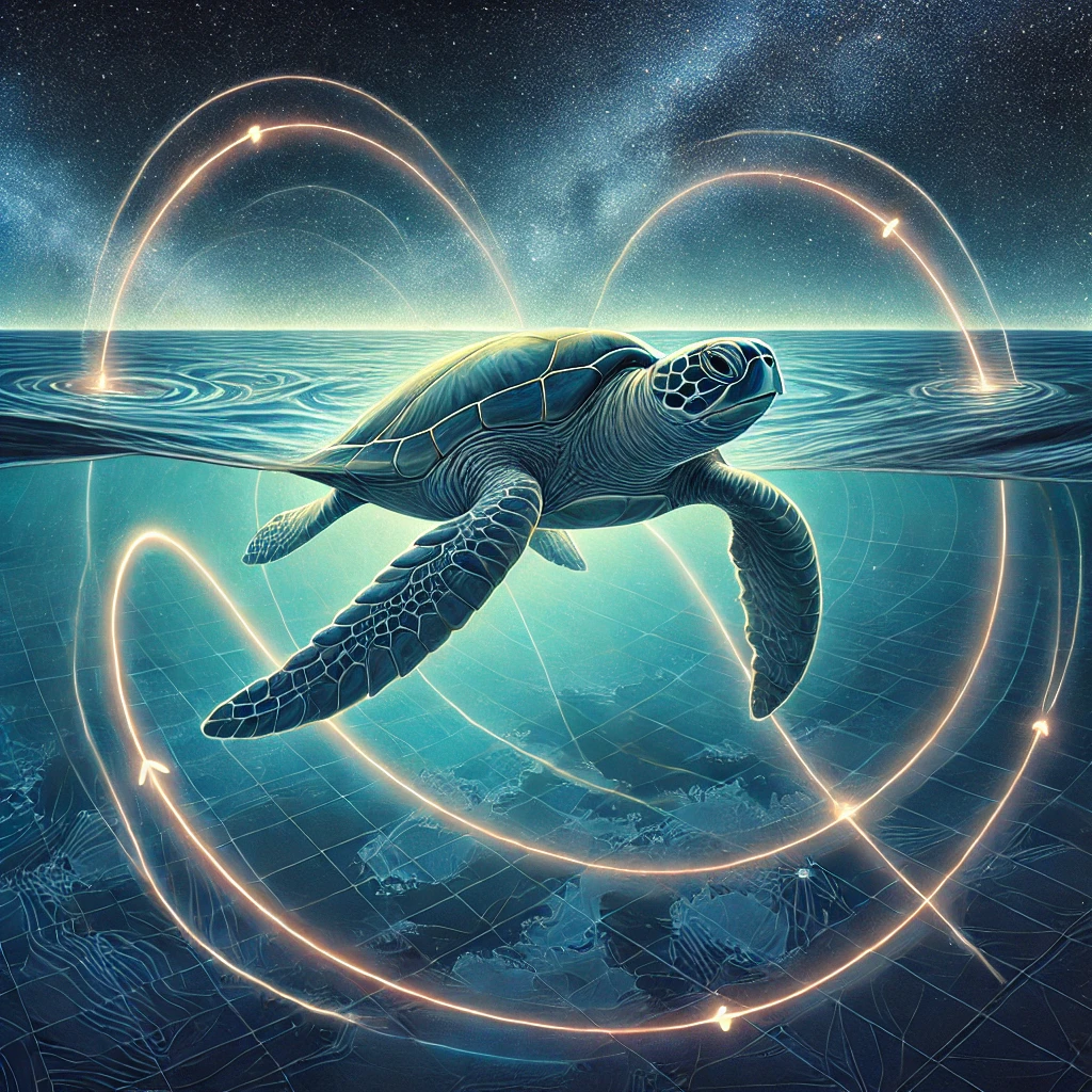 A-detailed-and-engaging-digital-illustration-showing-the-magnetic-journey-of-loggerhead-turtles.-The-scene-depicts-a-loggerhead-turtle-swimming-in-the ocean